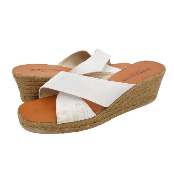 Andre Assous Sandals Womens 9 White Fabric Wedge Heel Espadrille Slides - Picture 1 of 12